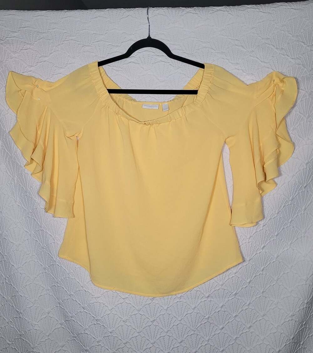 New York & Company Yellow Flutter Sleeve Off Shoulder Top Size L
